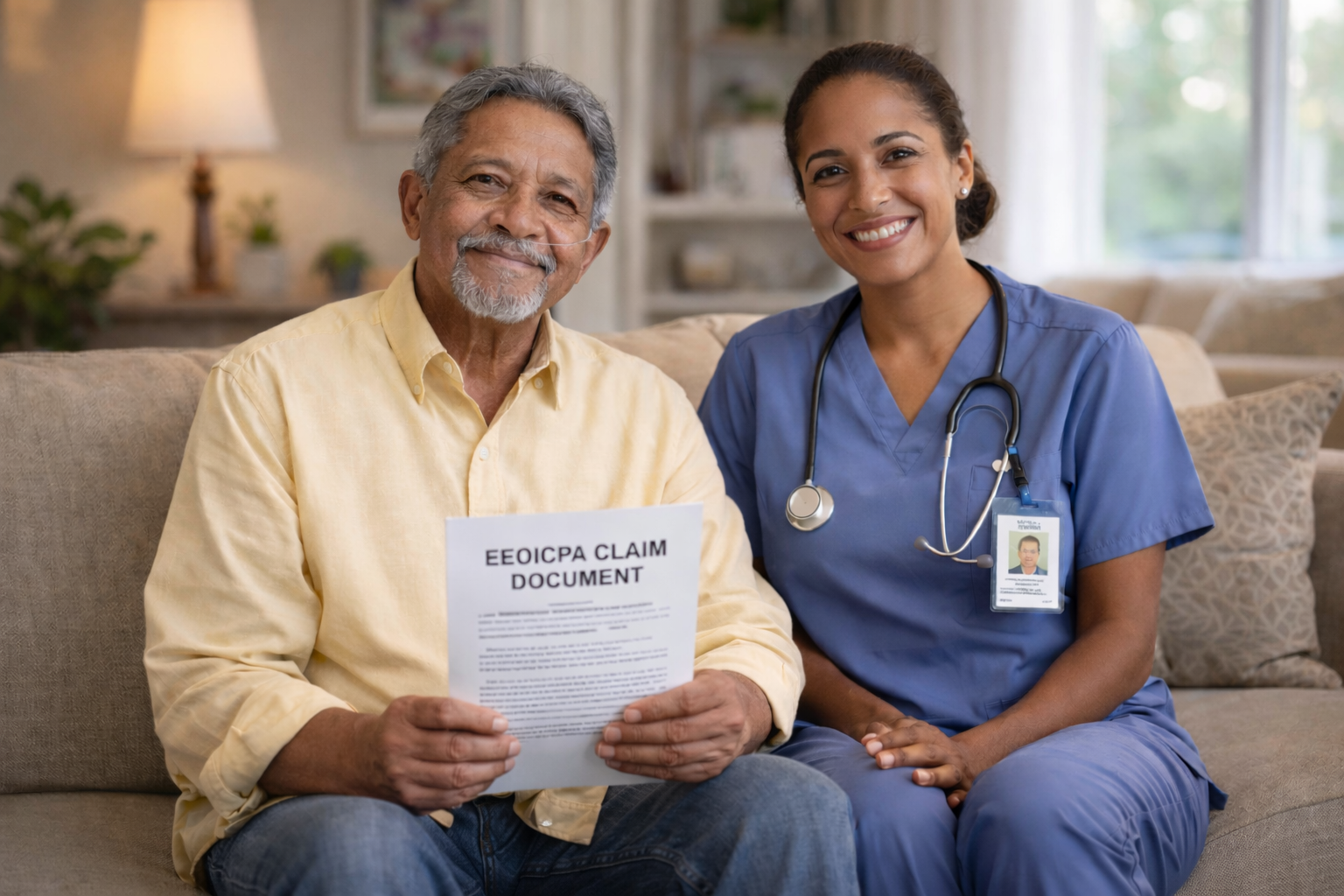 Former energy worker holding EEOICPA document while meeting with home health nurse