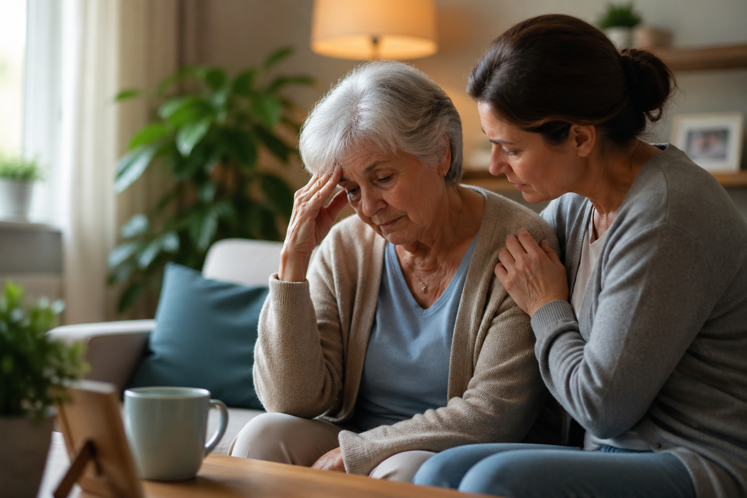 Caregiver supporting elderly mother at home, illustrating family caregiving stress and need for home healthcare support